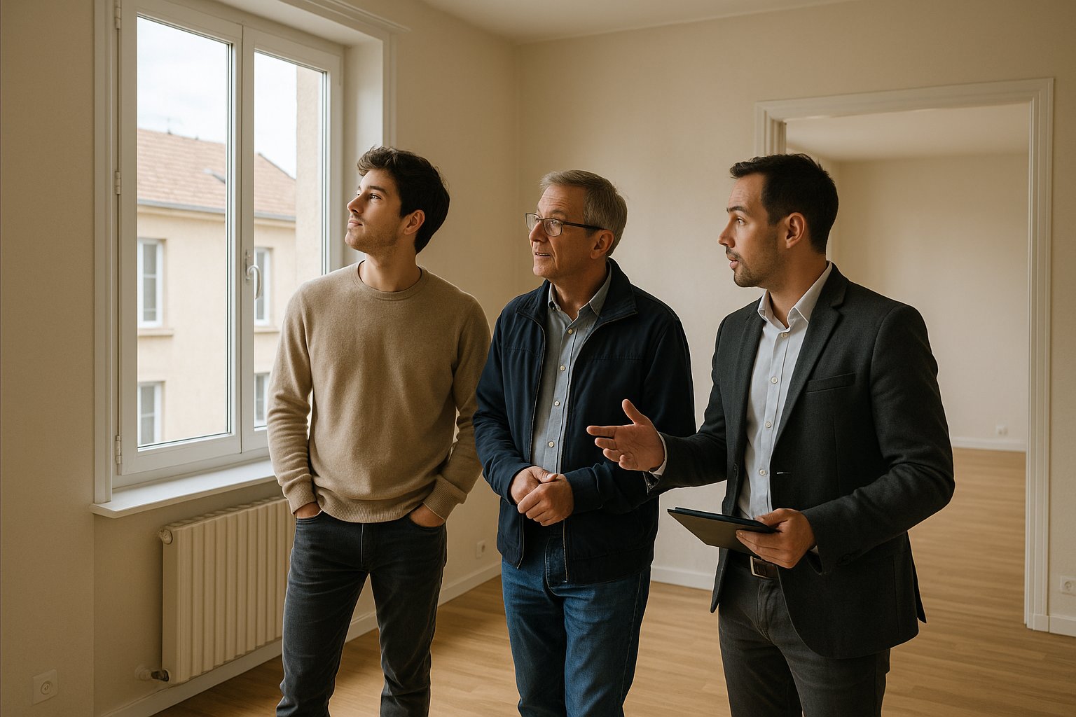 Un jeune adulte accompagné d'un parent visite un appartement lumineux et vide à Mirecourt, en train d'observer une fenêtre et de discuter avec la personne qui leur montre les lieux, sans texte ni logo visible.